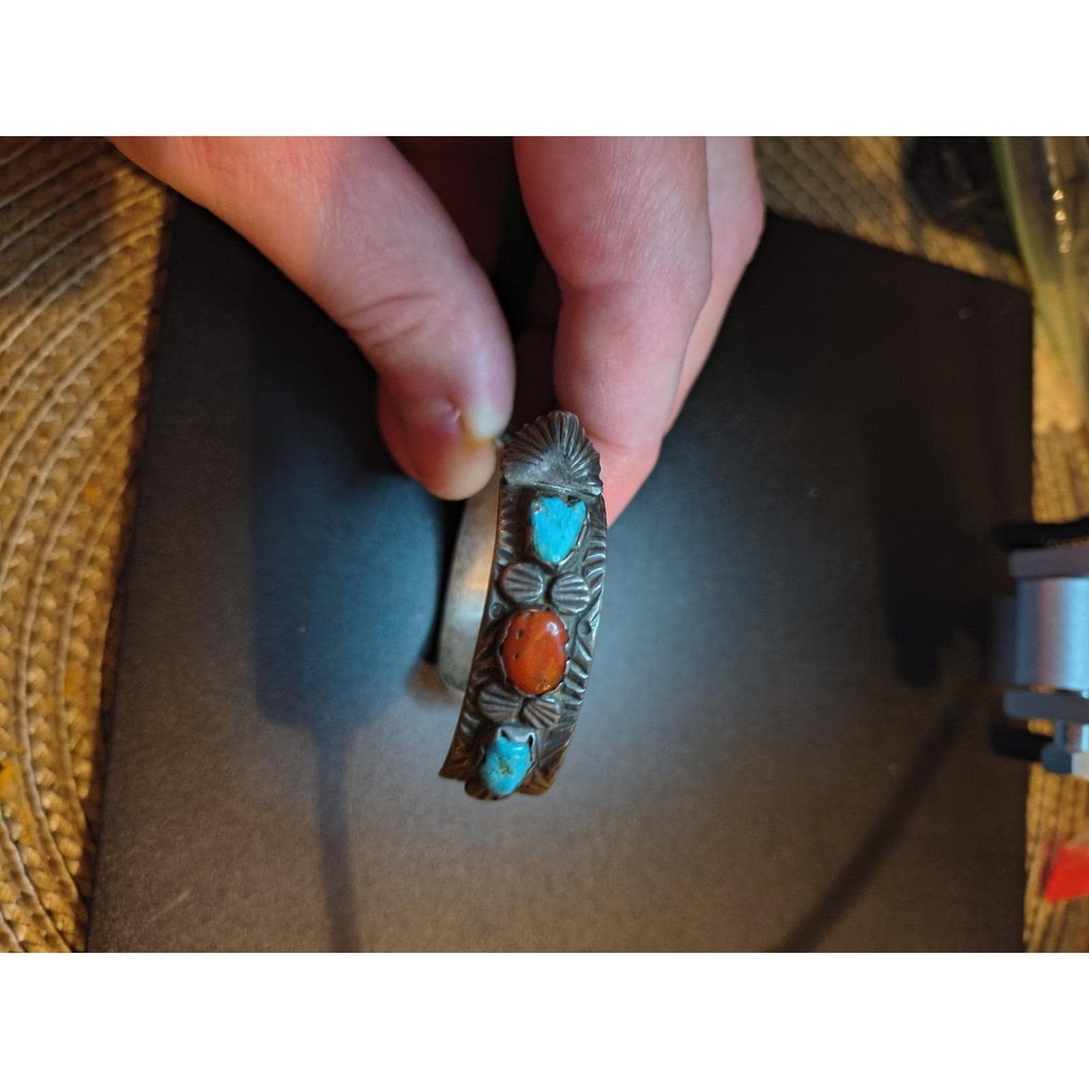 Vintage Native American Sterling Turquoise Coral Watch Cuff Bracelet Need Repair